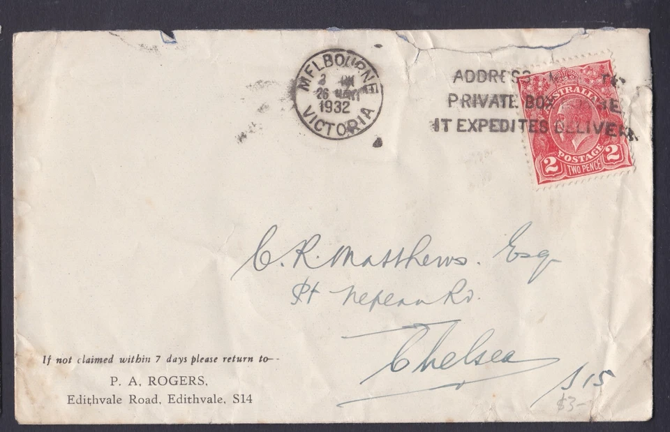 1932 KING GEORGE V 2d PRE-DECIMAL STAMP P.A. ROGERS COMMERCIAL COVER #B209 - Image 1 of 1