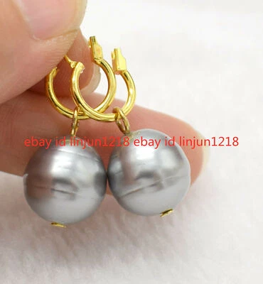 14mm Round South Sea Baroque Gray Shell Pearl Dangle Earring - Image 1 of 4
