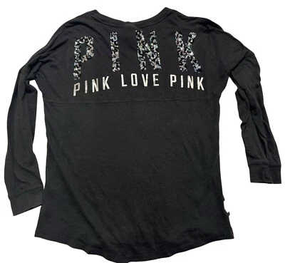 Винтажный VICTORIA SECRET VS розовый черный серебряный блестки блестящий собаки Varsity экипажа Топ S - Изображение 1 из 4