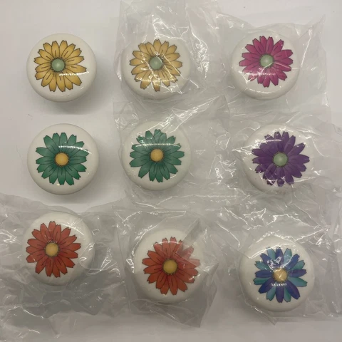 Flower Drawer Pulls Porcelain Ceramic Cabinet Knobs Lot of 9 Yellow Purple Green Cover