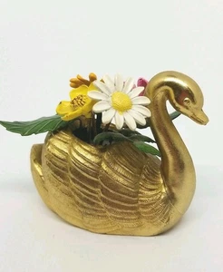 Vintage Gold Metal Swan Figurine Metal Flowers Pink Orange Yellow White - Picture 1 of 10