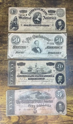 CONFEDERATE Obsolete Currency Notes CIVIL WAR, Richmond, VA, $100, $50, $20, $5 - Image 1 of 2
