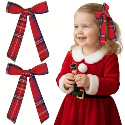 2PCS Christmas Hair Bows for Girls Red Plaid Hair Bow Clips Xmas Christmas-A - Image 1 of 4