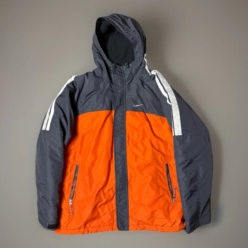 Nike Jacket Mens Large Orange Gray Hooded Full Zip Large Parka Stripe Swoosh - Image 1 of 4