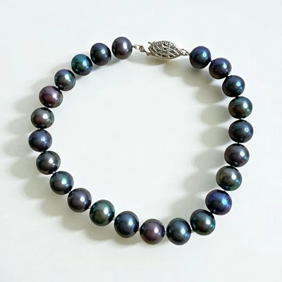 Freshwater Peacock Pearl Bracelet Hand Knotted Size 6 3/4 925 Sterling Clasp 7mm - Image 1 of 4