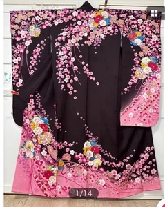Kimono Japonés FURISODE.Seda Pura.Bordado.Blanco Rosa Morado Oscuro172cm. - Imagen 1 de 10