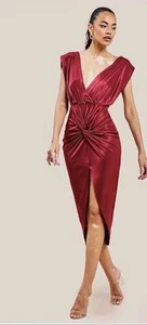 Satin Wrap Knotted Midi Dress Size 14 Wine 'Goddiva' Bnwt NEW - Picture 1 of 6