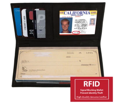 Cartera organizadora de cubierta de chequera de cuero negro con bloqueo RFID para hombres y mujeres Foto 1 de 4