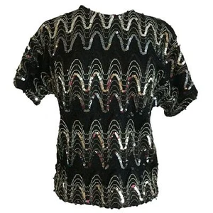 Adamo Damen Shirt Größe Small Schwarz Silber Pailletten Kurzarm Formell Oberteil - Bild 1 von 10