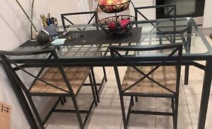5 piece glass top dining set table 4 matching bamboo seat chairs BLACK steel