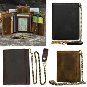 Men Leather Tri-fold Vintage Biker Chain Wallet With Snap Closur CARD Holder NEW - Picture 1 of 24