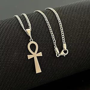 925 Sterling Silver Ankh Necklace With Curb Chain 2,20mm Men's Necklace - Picture 1 of 5