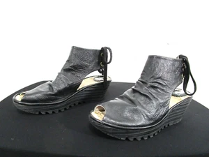 Fly London Yema Black Leather Peep Toe Wedge Bootie Sandals Women 9 US/40 EU - Picture 1 of 10