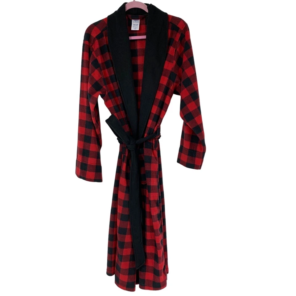 Mens Fleece Check Red Robe OS Belted Pockets Polyester 3897 EUC - Image 1 of 4