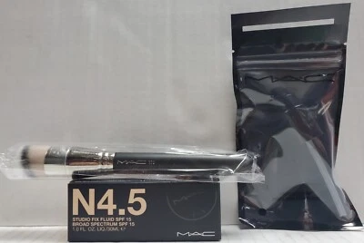 New! MAC N4.5 Studio Fix Fluid SPF 15 Broad Spectrum W Pump & Foundation Brush - Image 1 of 2