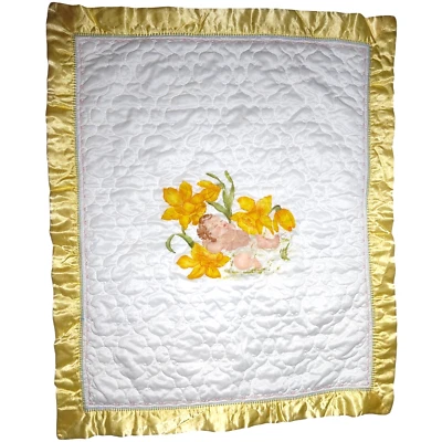 Vtg Quilted Baby Blanket Yellow Satin Trim Marge Wright Flowers 24x30 Lovey - Image 1 of 4