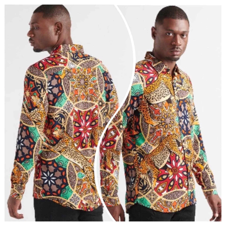 Reason casual button down mens sz M funky retro animal print Cheetah - Image 1 of 4