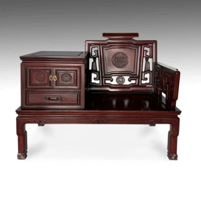 SOPORTE DE TELÉFONO CHINO CON GABINETE LATERAL PALO DE ROSA LONGEVIDAD CHINA SIGLO XX. Foto 1 de 4