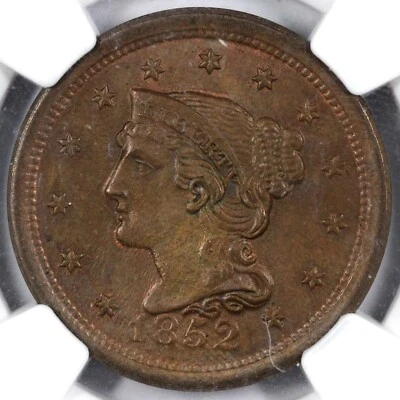 1852 1c N-13 Braided Hair Large Cent NGC MS 64 BN - Image 1 of 4