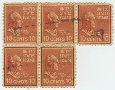 1939 10¢ Cent John Tyler Presidential US Postage Stamps, Block of 5 (Scott #815) - Image 1 of 2