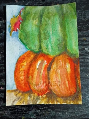 ACEO Original 2 Pumpkins Watercolor Art Painting Autumn Fall Orange Halloween  - Image 1 of 3