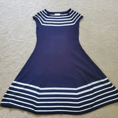  Vestido Suéter Eliza J. Fit&Flare Manga Gorra Talla Pequeña Azul Marino/Blanco Rayas  Foto 1 de 4