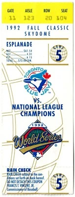 1992 World Series Game 5 ticket stub TORONTO BLUE JAYS vs ATLANTA BRAVES 10/22 - Image 1 of 2