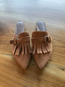 Jenni Kayne Brown Fringe Goatskin Suede Slip-On Mules Slide Buckle - 8 - 38.5 - Picture 1 of 8