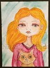 Aceo Orig Painting Cute Girl Brown Cat Watercolour Sketch art Card Nikki