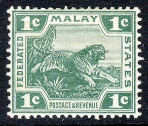 FEDERATED MALAY STATES 1908 1c. Green Die II Tiger Wmk Mult Crown CA SG 29 MINT - Picture 1 of 2