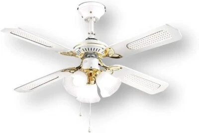Ventilatore a Soffitto con 4 Pale bianche e 3 Luci in metallo e ottone di Perenz - Immagine 1 di 4