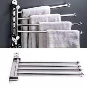 Stainless Steel Bathroom Towel Rail Rack Holder 4 Swivel Bar Wall Hanger Shelf - Picture 1 of 11