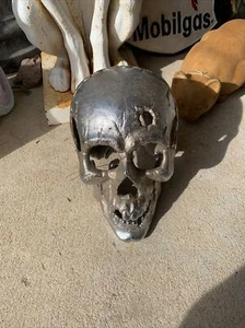Cast Iron Skull Bust Heavy- Painted Silver Gothic Skull Bust 6”’tall X 8” - Picture 1 of 10