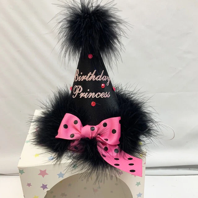 Nuevo Cumpleaños Princesa Negro Pluma Rosa Caliente Arco Fiesta Cono Sombrero En Caja Foto 1 de 1