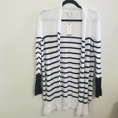 Новый с Ярлыками женская Nautica открытый передний кардиган свитер размер средний белый темно-синий полоски  - Изображение 1 из 4