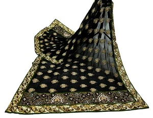 Vintage Heavy Black Dupatta Pure Georgette Silk Long Stole Hand Embroidered Veil - Picture 1 of 24