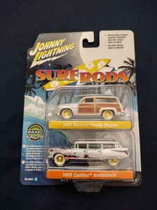Johnny Lightning Mercury Woody Wagon 1950 + Cadillac Ambulance Surf Rods CHASE - Picture 1 of 3