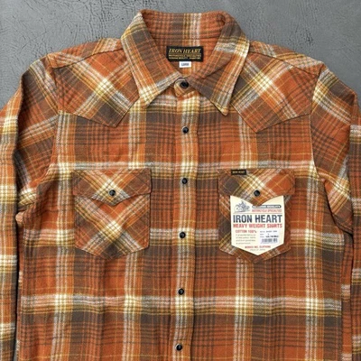 НОВАЯ рубашка вестерн Iron Heart IHSH-399 12 унций Slubby тяжелая фланелевая клетчатая оранжевая L - Изображение 1 из 4