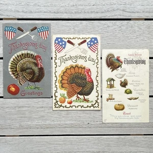 Lot ALL ANTIQUE THANKSGIVING POSTCARDS Patriotic Turkeys Crossed Utensils Menu - Picture 1 of 2