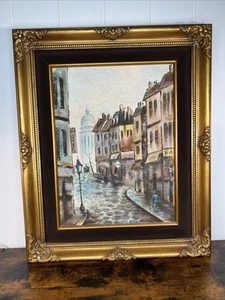 Künstlerisches Interieur signiert Ölgemälde Impressionist Dorf alte Welt Wildleder - Bild 1 von 13