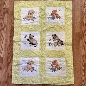 Vtg Baby Quilt Handmade Crib Wall Hanging Panel Quilt 42” X 30” Cats Dogs Floral - Picture 1 of 24