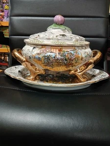 Vintage Satsuma Ware Lidded Tureen 11"×8" On Matching 16"×8" Platter Hand Paint - Picture 1 of 22