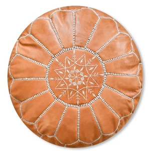 Moroccan Soft Leather Pouf Natural Brown - Delivered Stuffed, Ottoman, Footstool - Picture 1 of 3