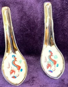 Asian Soup Rice Spoons 2 Porcelain Hand Painted Chinese Dragon Heavy Gold - Picture 1 of 5