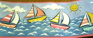  WALL PAPER BORDER Sailboat Boat Ocean Sea Nautical Blue Pink Sailing  EH10025 - Picture 1 of 3