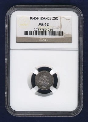 FRANCE  1845-B  25 CENTIMES SILVER COIN, UNCIRCULATED NGC CERTIFIED MS-62 - Image 1 of 2