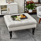 Redlife Tufted Square Ottoman Coffee Table w/Casters Wheels  Storage Chair Beige