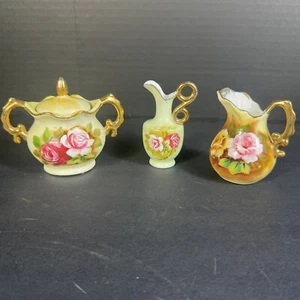 Vtg Enesco Japan Miniature Sugar Bowl Creamer & Pitcher Porcelain Floral Tea Set - Picture 1 of 17
