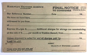 Vintage Railway Express Agency Postcard Final Notice To Consignee Unused  - Picture 1 of 2
