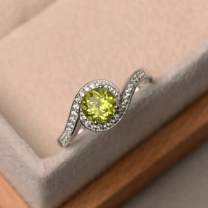 Green Peridot Women Ring Natural Round Gemstone 925 Sterling Silver Halo Ring - Picture 1 of 5